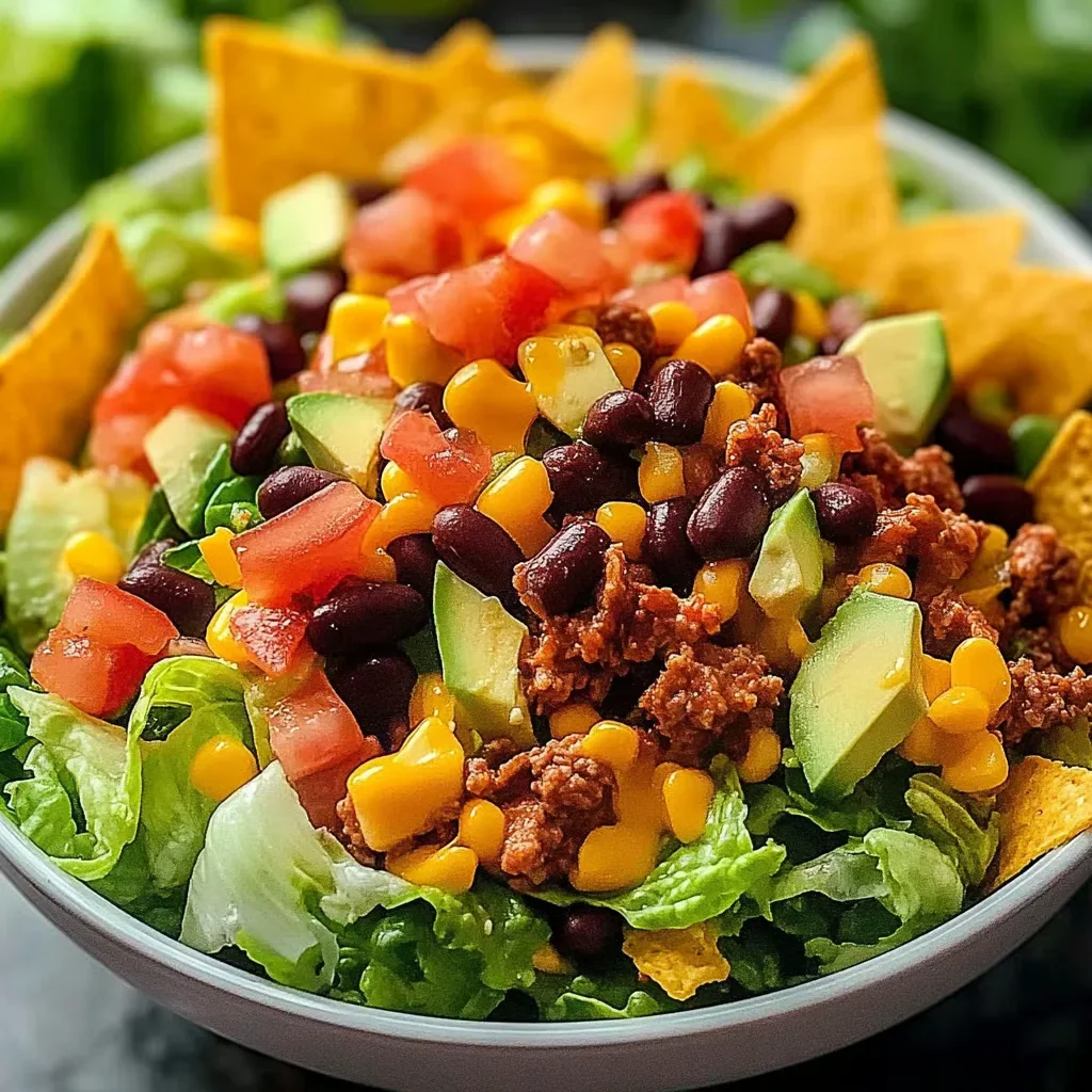 Delicious Tex-Mex salad with fresh veggies, beans, and tangy dressing.
