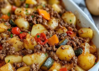 Saucy beef and vegetable casserole served in a dish, garnished with herbs