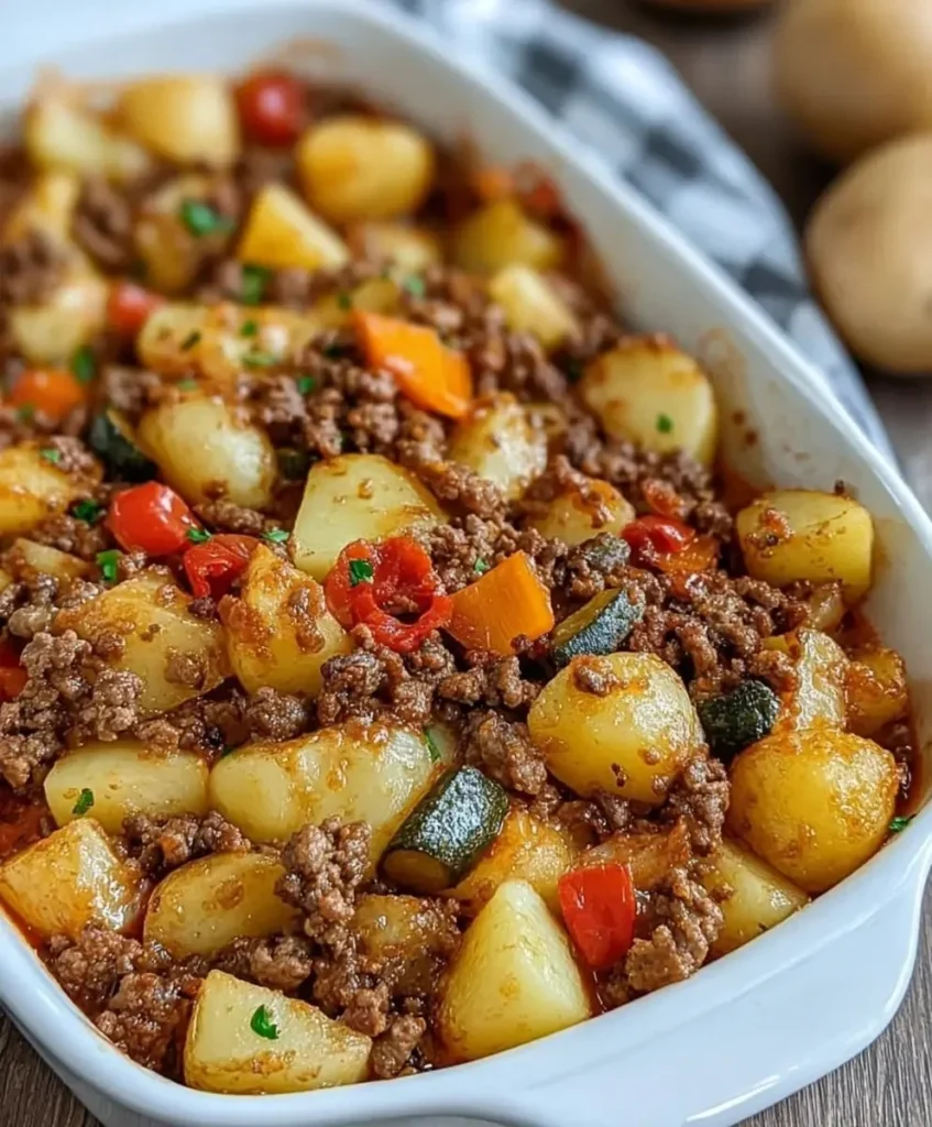 Saucy beef and vegetable casserole served in a dish, garnished with herbs