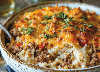 Cheddar-Crusted Ground Beef and Rice Casserole