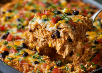 Cheesy Chicken Burrito Casserole Bake with Beans and Rice
