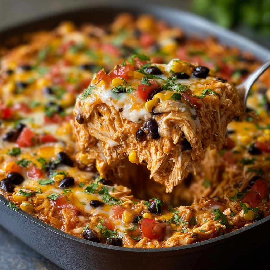 Cheesy Chicken Burrito Casserole Bake with Beans and Rice