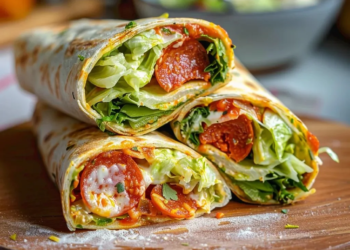Pepperoni Pizza Caesar Wraps served on a plate, garnished with fresh ingredients.